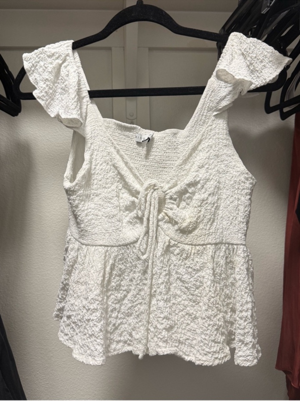 Amazon White Textured Tie-Front Ruffle Strap Camisole